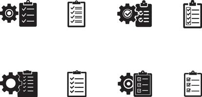 Set of various checklist symbols combined with a gear icon representing tasks and completion. vector