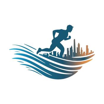 Dynamic Running Silhouette with Cityscape and Stylized Wave Design vector
