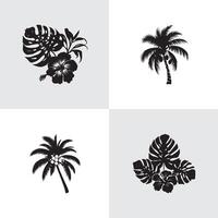 Set of Tropical Palm Trees and Hibiscus Illustrations in Black Silhouette Style vector