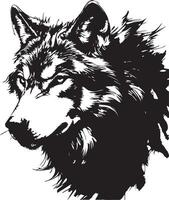 A detailed grayscale drawing of a wolf's head. vector