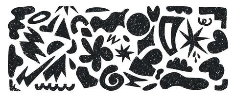 Dynamic and abstract shapes in black create this illustration, ideal for modern designs. Hand drawn primitive shapes in charcoal. Black shapes drawn in crayon vector