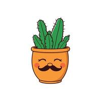 A cheerful tan pot featuring a face with a moustache and sleepy eyes, filled with various cacti symbolizing effort and resilience vector