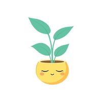 A leafy plant with two large bluish-green leaves growing from a bulb-like, yellow pot with a relaxed, sleepy face vector