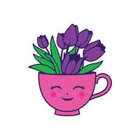 A pink teacup with a face, filled with delicate tulips and greenery, showing softness, warmth, and emotional openness vector