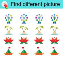 Logic game for children. Find different picture. illustration of the Ferris wheel, palm tree, flower, boat. vector