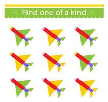 Fun education game for kids. Need to find one of a kind airplane. Kids activity page. vector