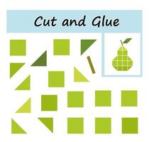 Cut parts of the image and glue on the paper. DIY worksheet illustration of cartoon pear. vector