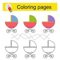 Educational game for kids. Go through the maze and color a cartoon baby carriage according to the pattern. vector