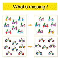 Puzzle game for kids. Task for the development of attention and logic. Find the missing bicycle and motorcycle. vector