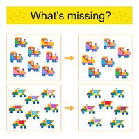 Puzzle game for kids. Task for the development of attention and logic. Find the missing dump truck and locomotive. vector