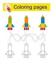 Educational game for kids. Go through the maze and color a cartoon rocket ship according to the pattern. vector