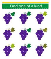 Fun educational game for kids. Need to find one of a kind grape. Kids activity page. vector