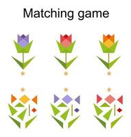 Matching game for kids. Find the correct color of cartoon rose and match. vector