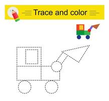 Trace and color for children. Preschool worksheet for practicing fine motor skills. Cartoon excavator. vector