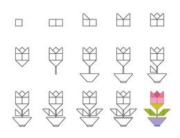 How to draw step by step Worksheet easy guide to drawing cartoon flower rose. vector