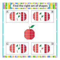 Puzzle for kids. Attention task. Find the correct set of cartoon apple. Answer is B. vector