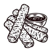 Hand drawn of crispy rolled tacos with a side dipping sauce vector