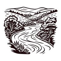 Scenic river flowing through rolling hills and lush trees in black and white nature art vector