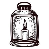 Vintage lantern with candle flame in monochrome sketch vector