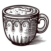 Ornate coffee cup with intricate patterns and foamy drink in black and white sketch vector