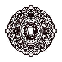 Intricate black and white mandala design with symmetrical patterns and central gem motif vector