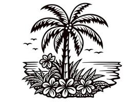 Black and white tropical paradise with palm tree and ocean view vector