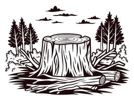 Forested landscape featuring a large tree stump and logs signifying deforestation and environmental impact vector