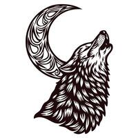 Stylized wolf howling with ornate crescent moon in monochrome design vector