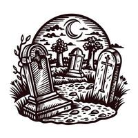 Ancient graveyard at night with crescent moon and old tombstones amidst trees vector