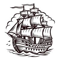 Vintage sailing ship with billowing sails and ocean waves in nautical vector