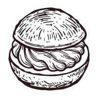 Detailed sketch of a cream filled pastry bun with textured topping vector