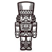 Traditional nutcracker soldier with a tall hat and decorative uniform in black and white vector