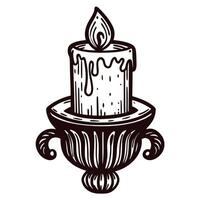 of a lit candle in ornate holder with melting wax dripping down vector