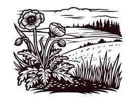 Scenic countryside landscape with wildflowers in front of rolling hills and pine trees under a cloudy sky vector