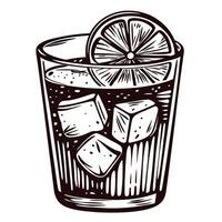 Black and white of a refreshing iced beverage with lemon slice and ice cubes vector