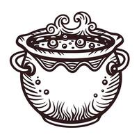 Vintage cauldron with boiling bubbles and steam, engraved in black and white vector