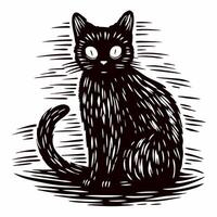 Black cat in bold scratch art with expressive eyes and whiskers vector