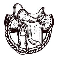 Detailed vintage western saddle drawing with intricate leather patterns and ropes vector