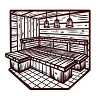 Rustic wooden sauna room with benches and hanging lights in cozy interior setting vector
