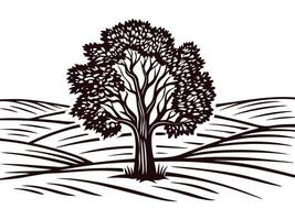 Detailed tree with expansive branches in stylized landscape design vector
