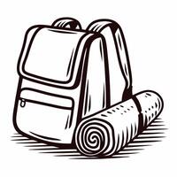 Backpack and rolled sleeping mat in black and white line art vector