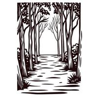 Black and white forest pathway with tall trees in a serene woodland setting vector
