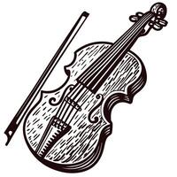 Intricate drawing of a violin and bow with detailed wood texture in black and white vector