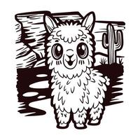 Adorable llama standing in desert with cactus and rocks vector
