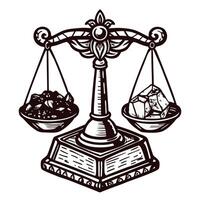 Vintage balance scale with coal and gems symbolizing wealth and value analysis vector