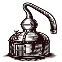 Vintage distillation apparatus for crafting spirits in rustic setting vector
