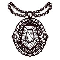 Intricate vintage pendant necklace with gemstone design and ornate details in monochrome vector