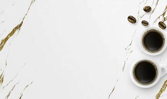 Freshly Brewed Coffee in White Cups on Marble Surface with Coffee Beans, Perfect for Morning Rituals, Relaxation, or Coffee Lovers Everywhere photo