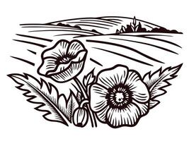 Field landscape with blooming poppies and gently rolling hills in black and white vector