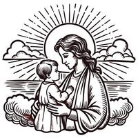 title woman embracing child with sunburst and clouds in background vector